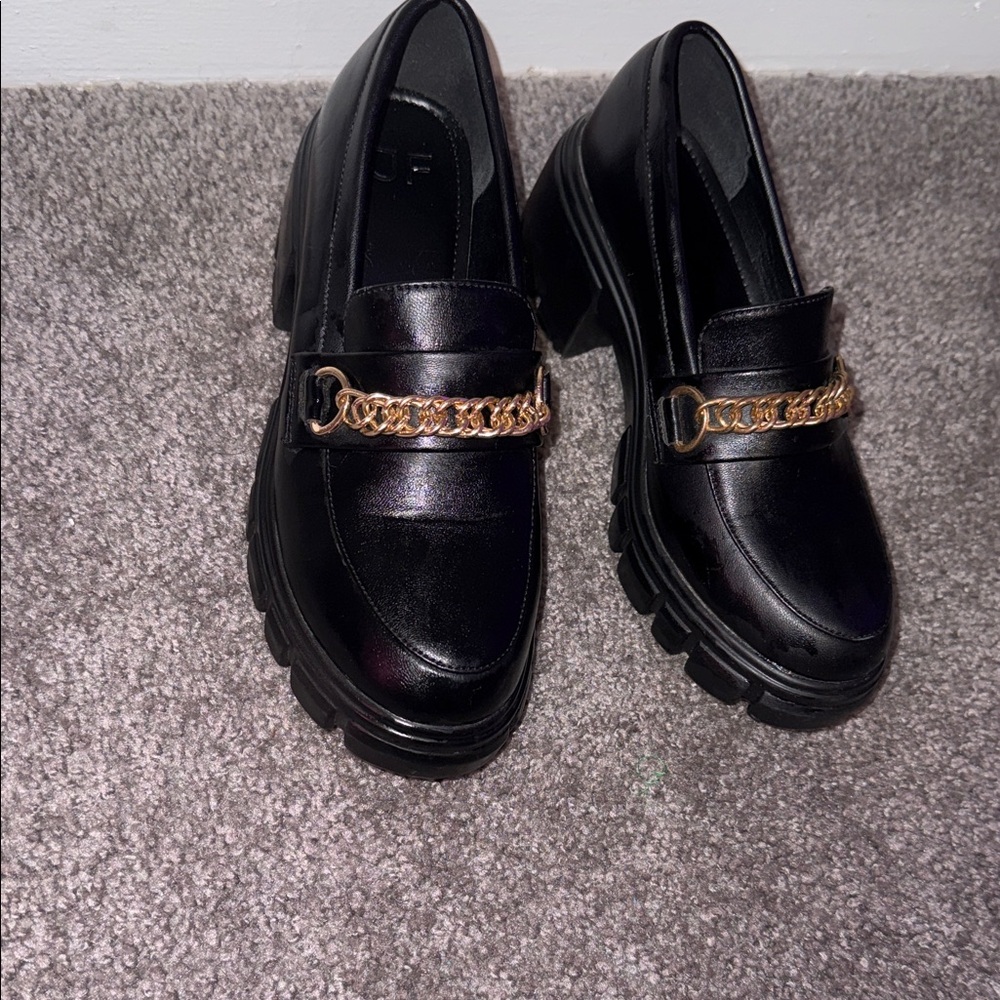 JF Black Loafers with Gold Chain Detail